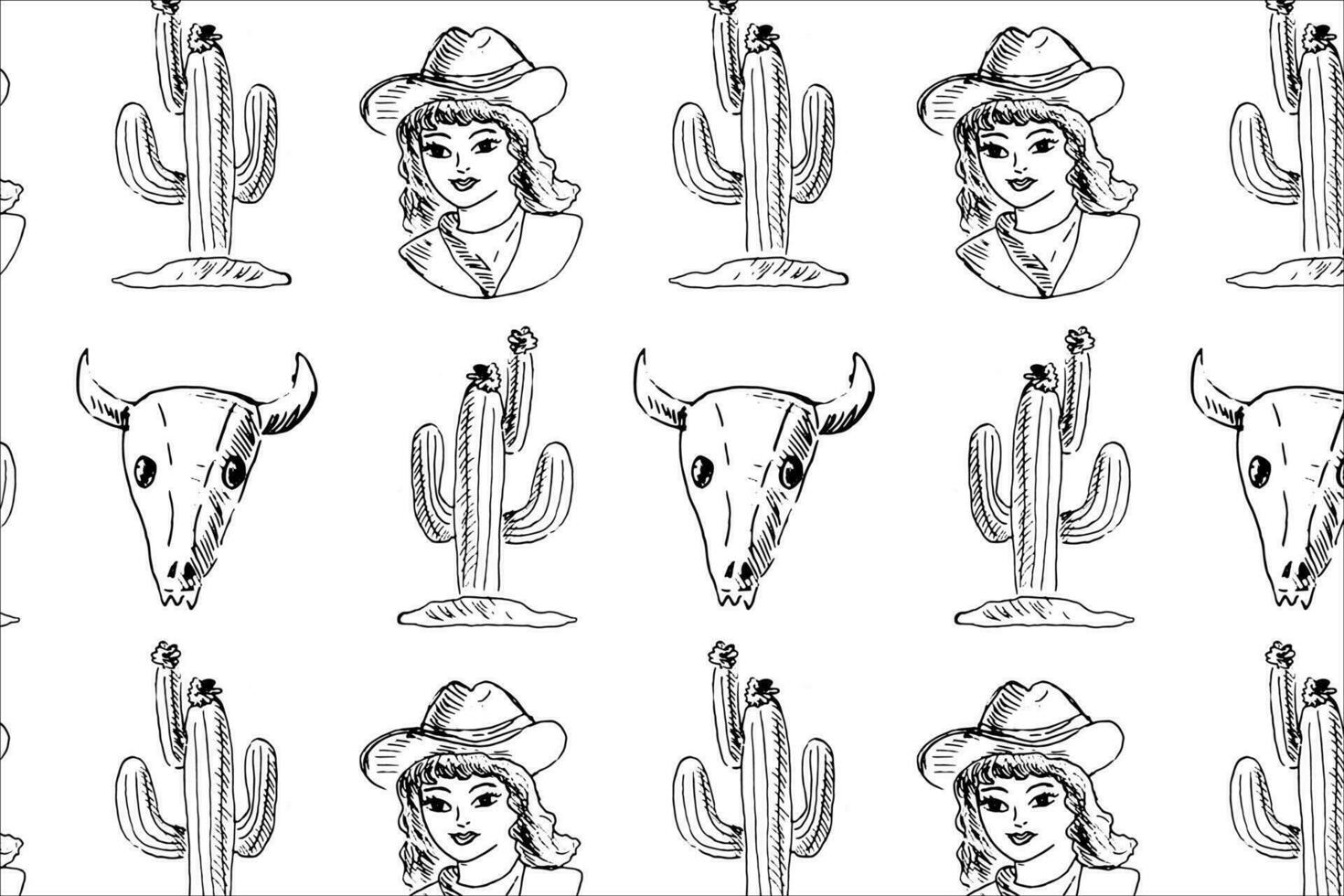 wild Westen nahtlos Hintergrund mit Cowgirl, Kaktus. Schädel von Tier. Vektor Illustration im Hand gezeichnet skizzieren Stil. können benutzt zum Kleider drucken, Textil, Hintergrund. retro Jahrgang skizzieren von Cowgirl.