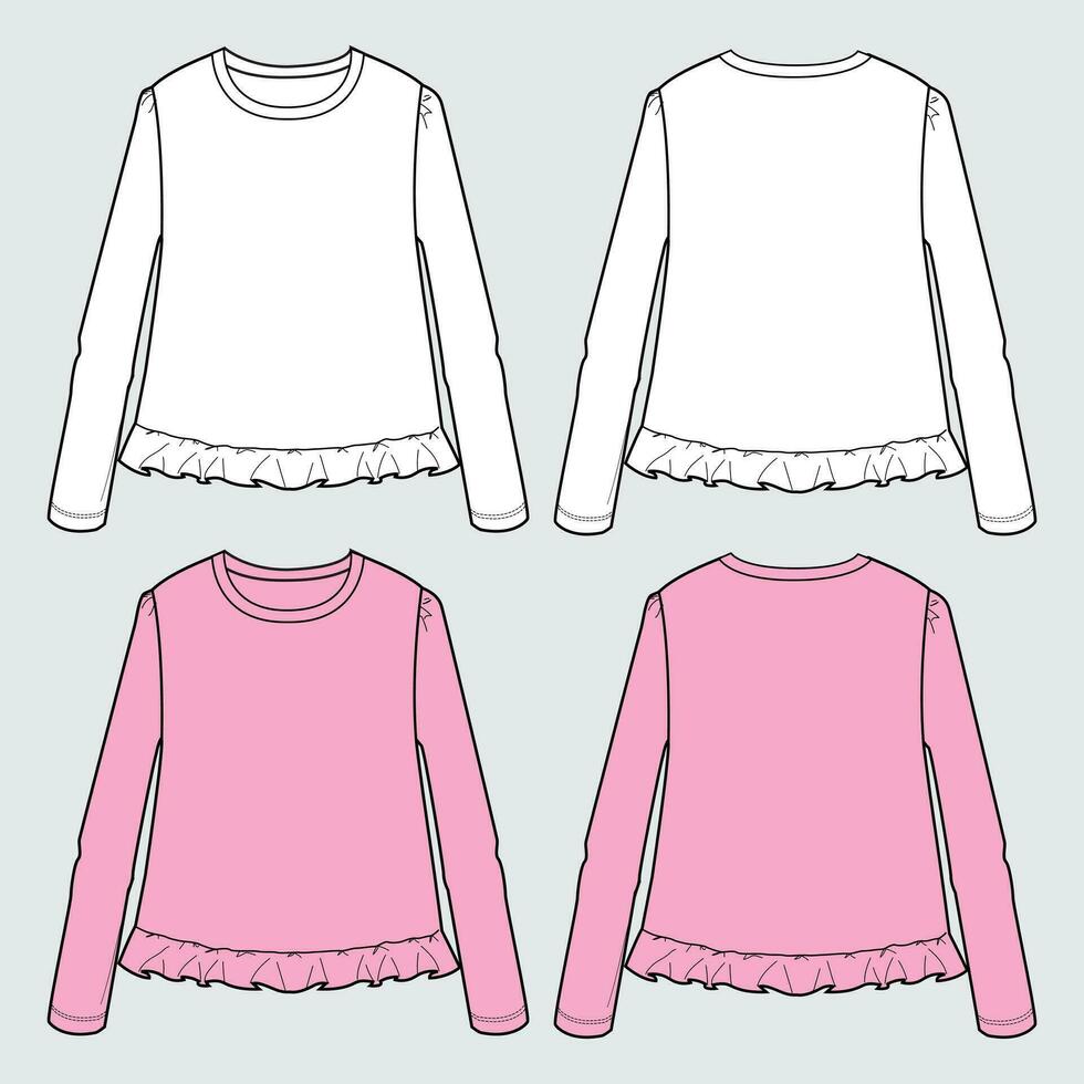 Weiß und lila Farbe lange Ärmel t Hemd Bluse Spitzen technisch Zeichnung Mode eben skizzieren Vektor Illustration zum Baby Mädchen.