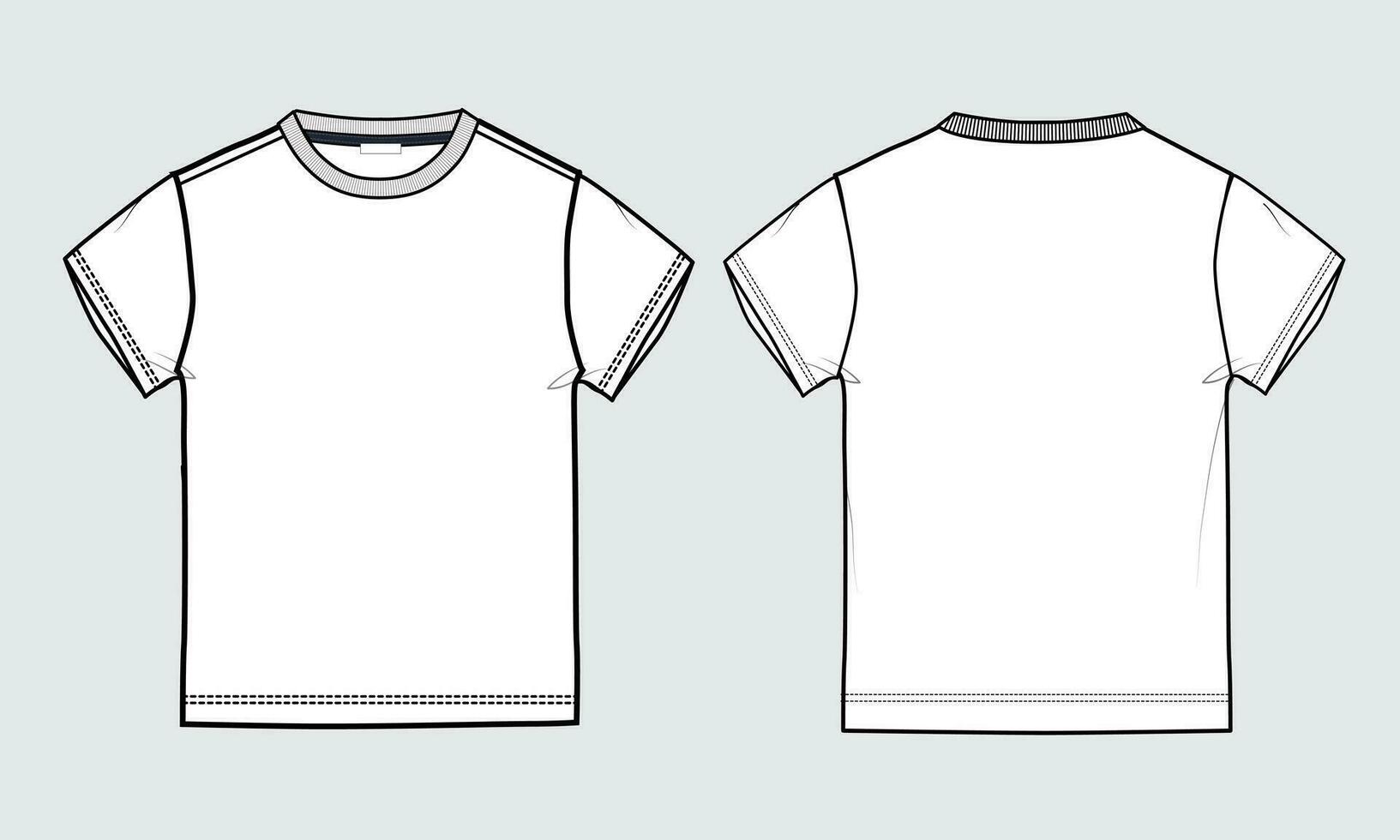 Kurzarm-T-Shirt mit normaler Passform, technische Skizze, Mode, flache Vorlage mit Rundhalsausschnitt, Vorder- und Rückansicht. Kleidung Kunst Zeichnung Vektor-Illustration Basic Bekleidungsdesign Mock-up. vektor