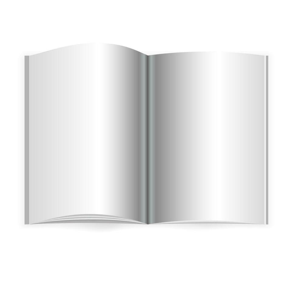 Vektor realistisch geöffnet Buch, Tagebuch oder Zeitschrift Attrappe, Lehrmodell, Simulation mit Blatt von a4. leer öffnen Seiten von Skizzenbuch oder Notizbuch Vorlage zum Katalog, Broschüre Design
