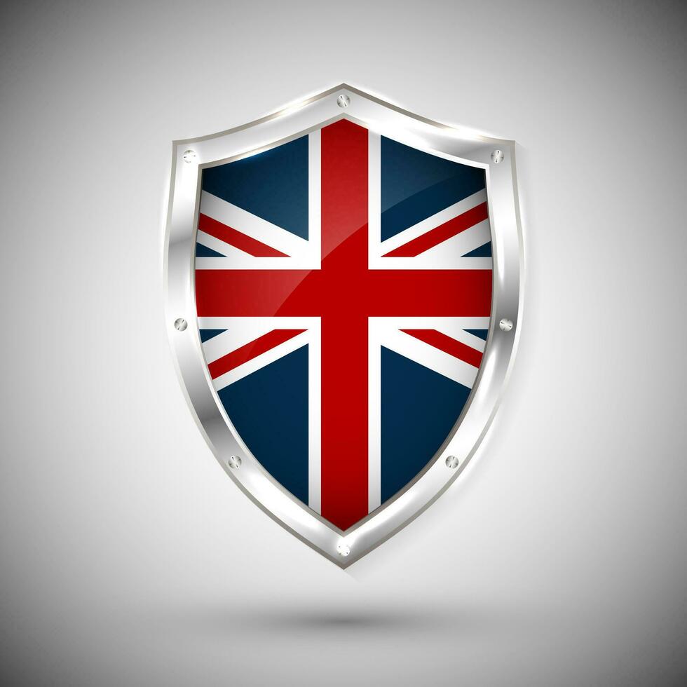 großartig Großbritannien Flagge auf Metall glänzend Schild Vektor Illustration. Sammlung von Flaggen auf Schild gegen Weiß Hintergrund. abstrakt isoliert Objekt