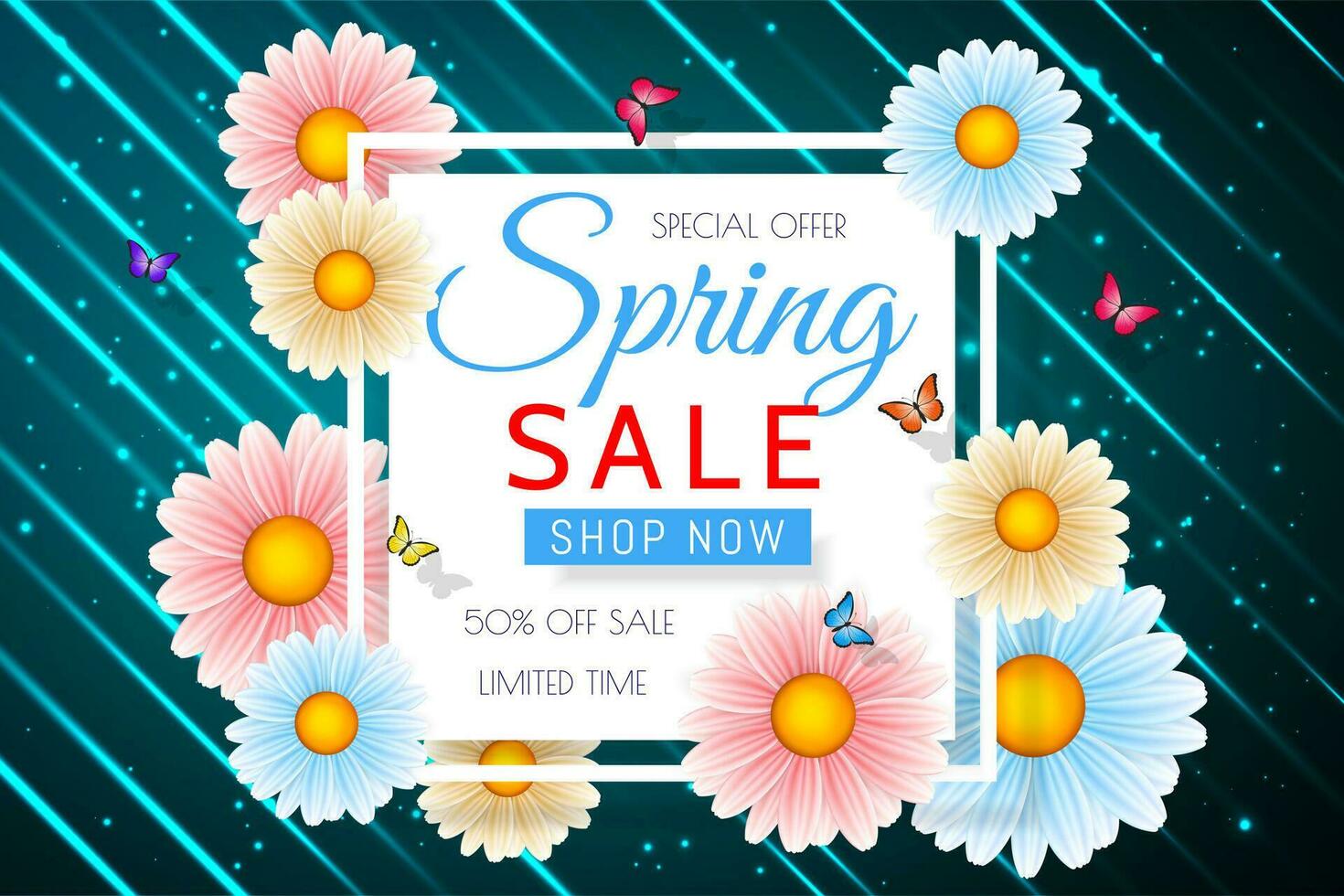 Frühling Verkauf Hintergrund Design mit schön bunt Blume. Vektor Blumen- Design Vorlage zum Coupon, Banner, Gutschein oder Werbung Poster