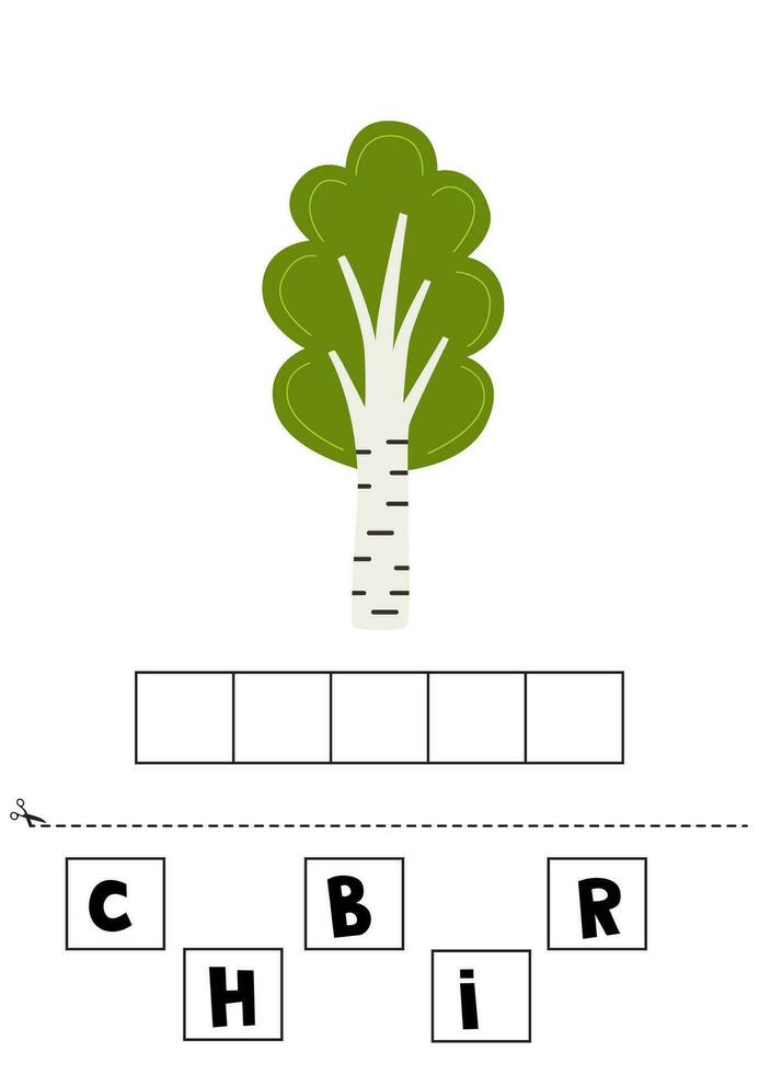 stavning spel för förskola ungar. söt tecknad serie björk. vektor