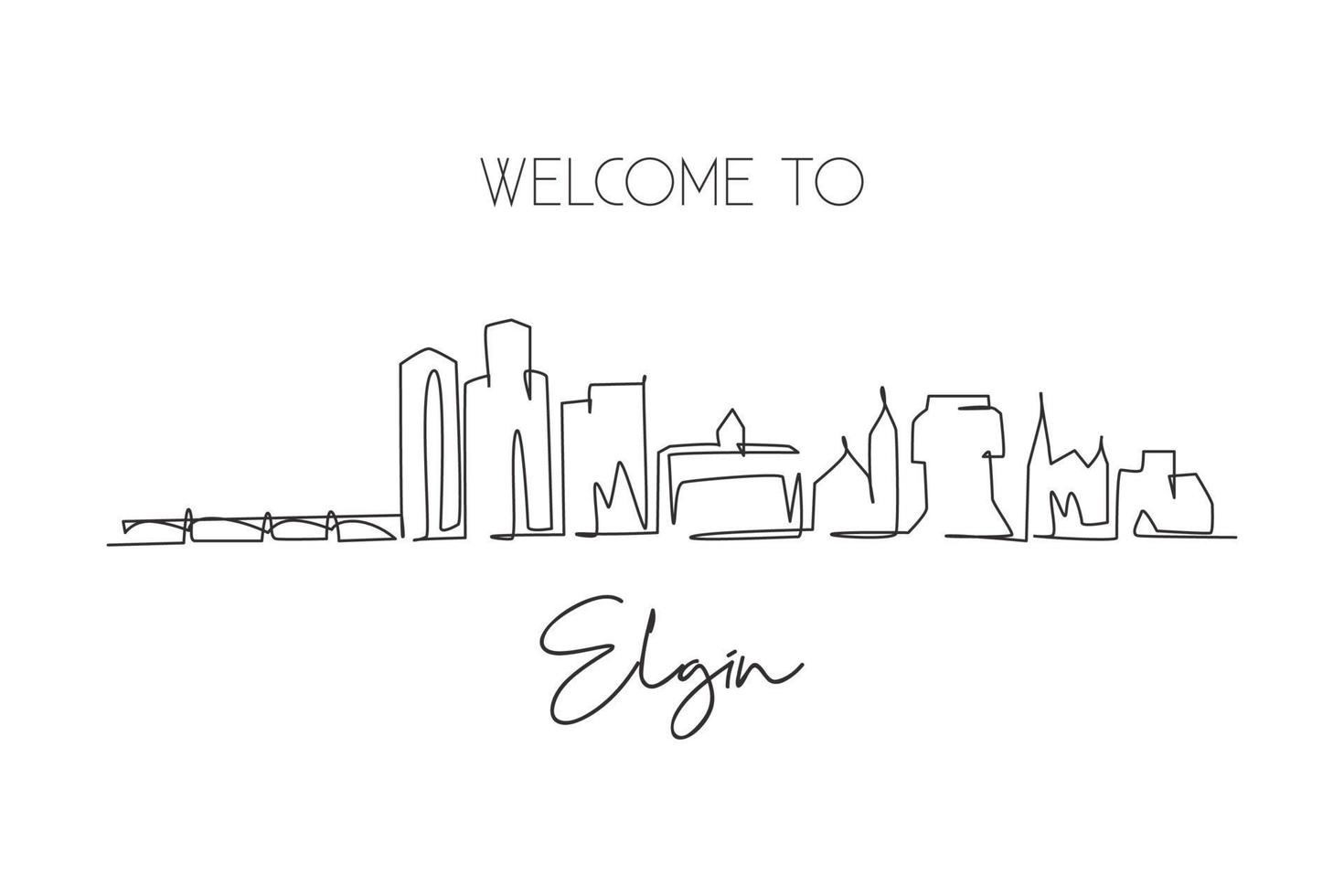 en enda radritning elgin city skyline, Illinois. världshistoriskt stadslandskap. bästa semestermål vykort. redigerbar stroke trendig kontinuerlig linje rita design vektor illustration