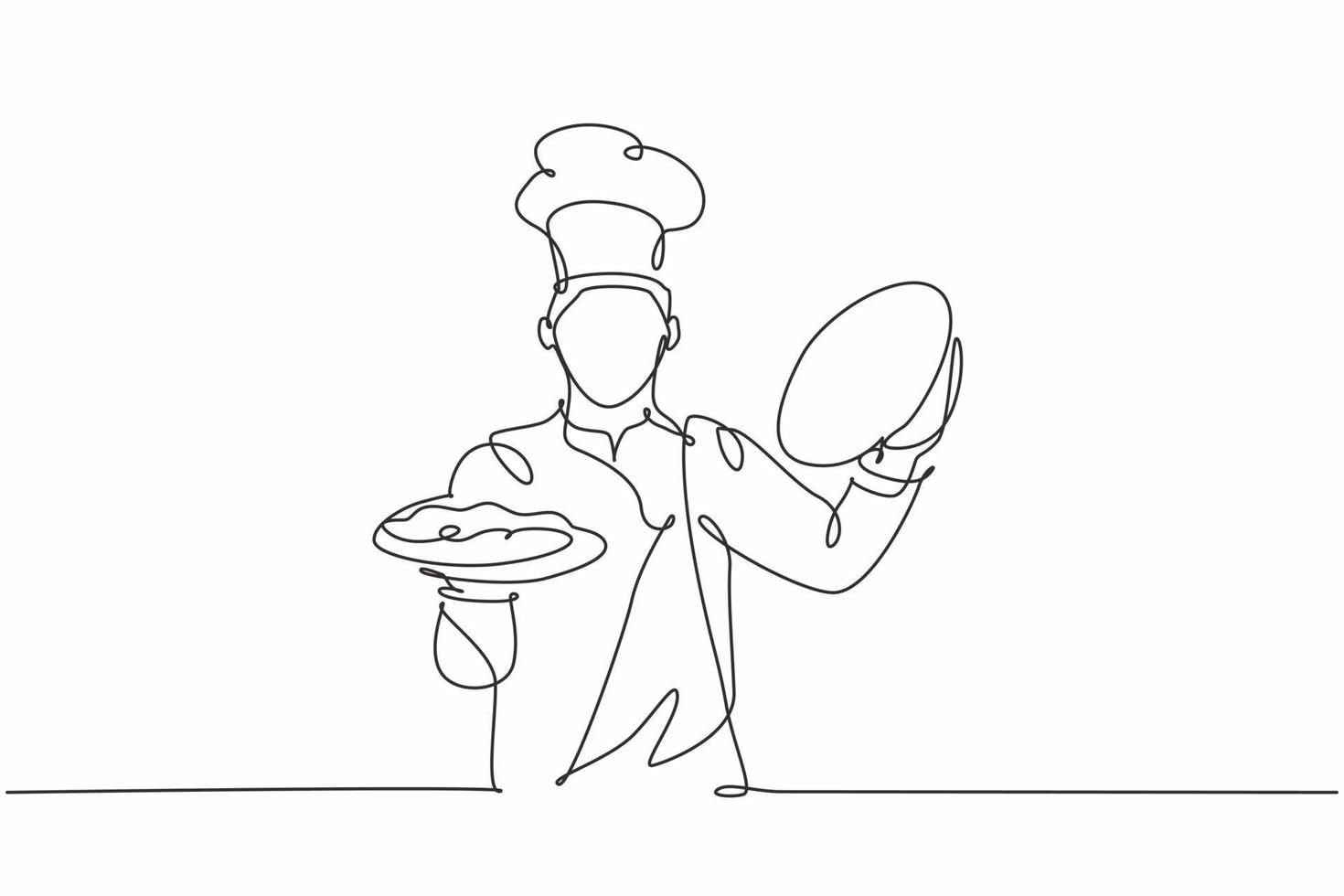 en kontinuerlig radritning av ung stilig manlig kock som öppnar cloche -bricka för att servera huvudrätt till kund på hotellrestaurang. utmärkt service koncept enkel linje rita design vektor illustration