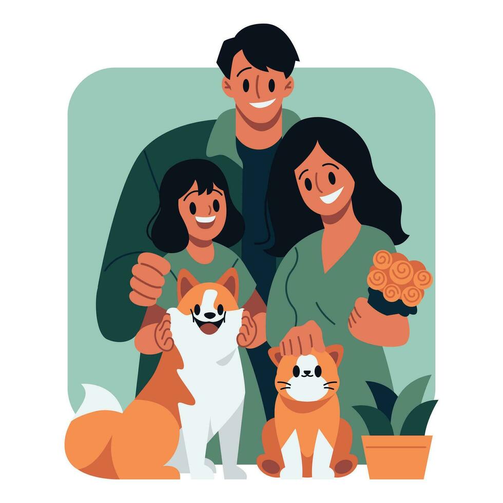 Lycklig familj med hund och katt vektor illustration i platt linje tecknad serie stil