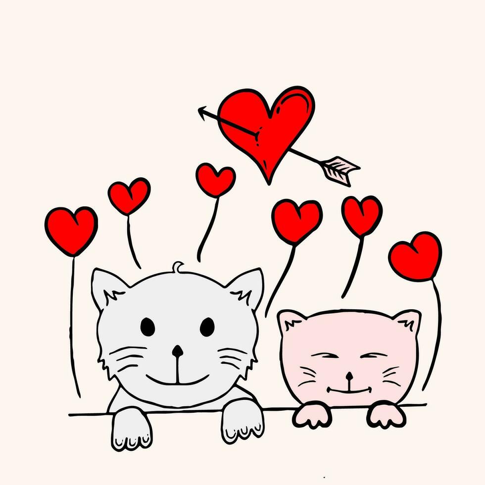 illustration av katter, hjärtan och kärlek för hjärtans dag vektor