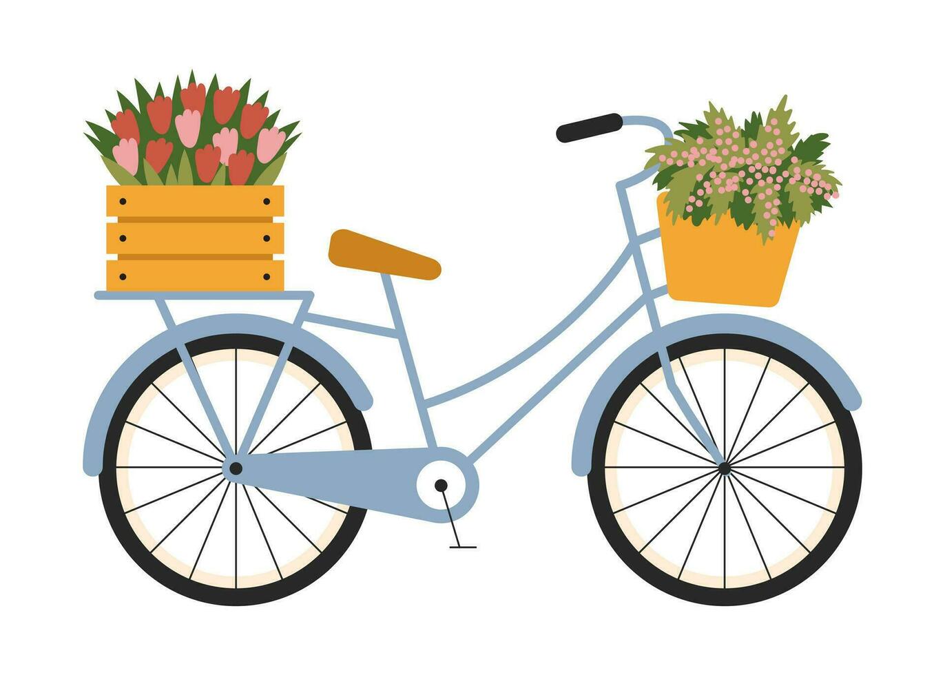 en söt blå cykel med en korg och blommor. årgång, retro. vektor, platt, tecknad serie illustration vektor