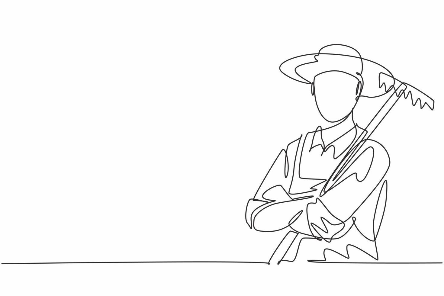 enda kontinuerlig linje ritning av ung manlig bonde korsarm på bröstet medan han håller gården gaffel. yrkesarbete. minimalism koncept en rad rita grafisk design vektor illustration