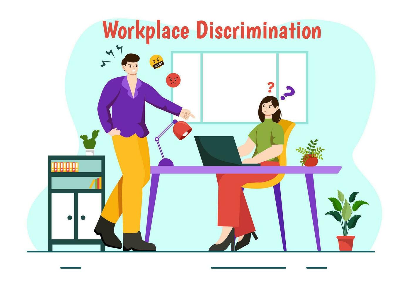 arbetsplats diskriminering vektor design illustration av anställd med sexuell trakasserier och Inaktiverad person för likvärdig sysselsättning möjlighet