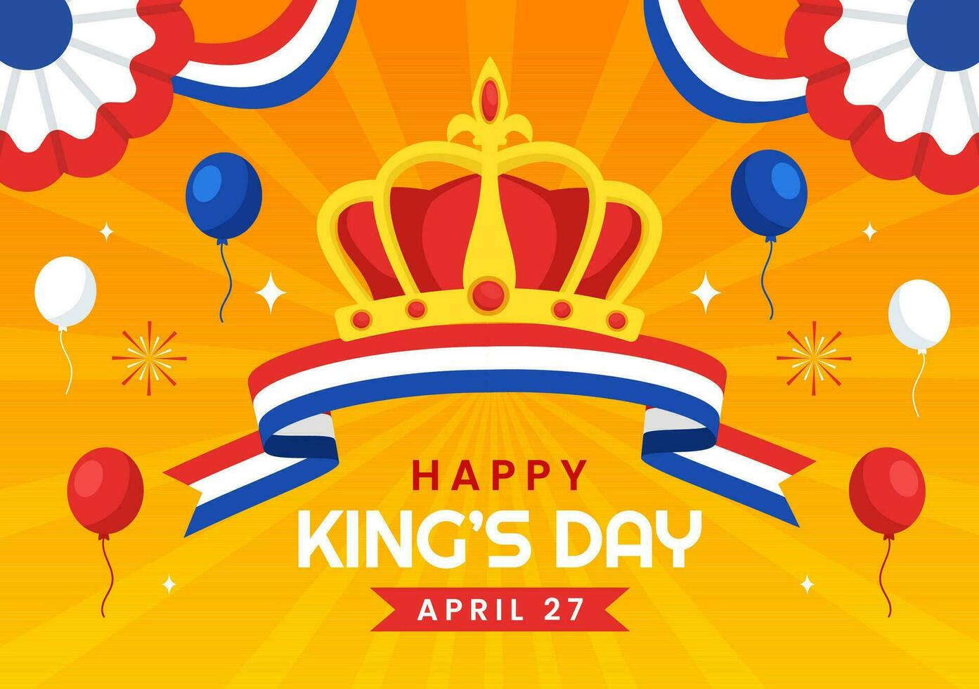 Lycklig kungar nederländerna dag vektor illustration på 27 april med vinka flaggor och band i kung firande platt tecknad serie bakgrund design