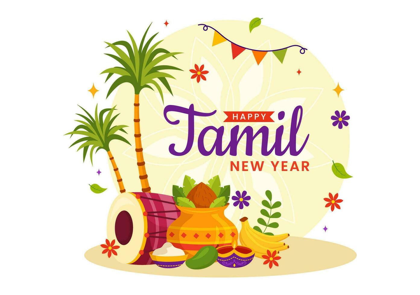 Lycklig tamil ny år vektor illustration med vishu blommor, kokos, ljus, kastruller och indisk hindu festival i platt tecknad serie bakgrund design