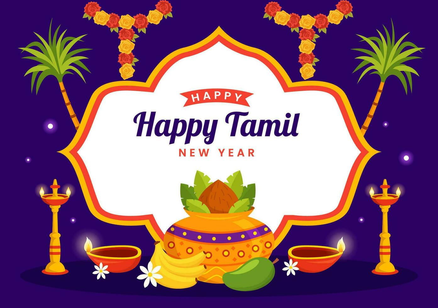 Lycklig tamil ny år vektor illustration med vishu blommor, kokos, ljus, kastruller och indisk hindu festival i platt tecknad serie bakgrund design