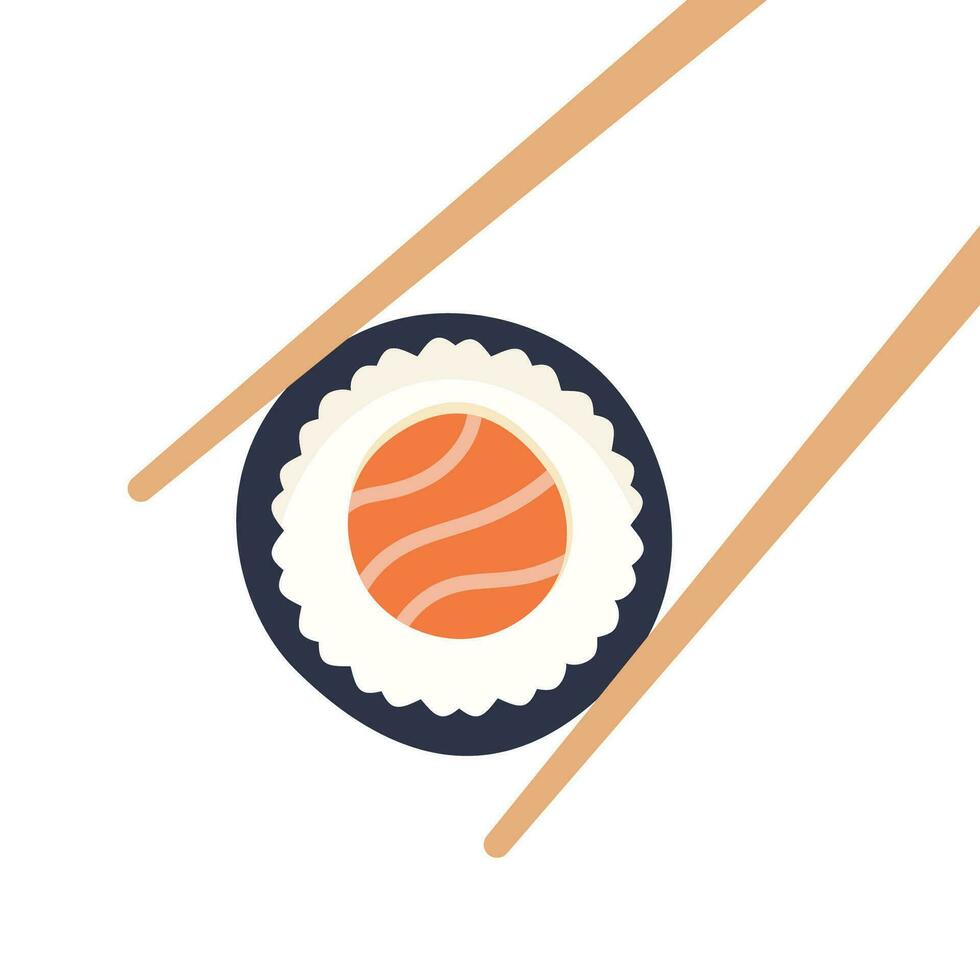 Essstäbchen mit Sushi Stück rollen. Sushi Utensil. asiatisch Meeresfrüchte. Vektor Illustration.