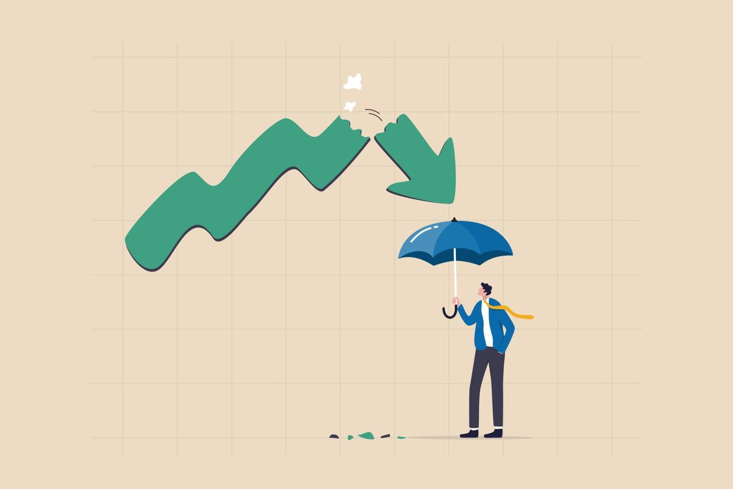 Schützen Sie sich vor Börsencrash, Versicherung zum Schutz vor Risiken oder Unsicherheit, Investitionsmarge des Sicherheitskonzepts, Geschäftsmann, der einen starken Regenschirm hält, der für den Abschwung bereit ist. vektor