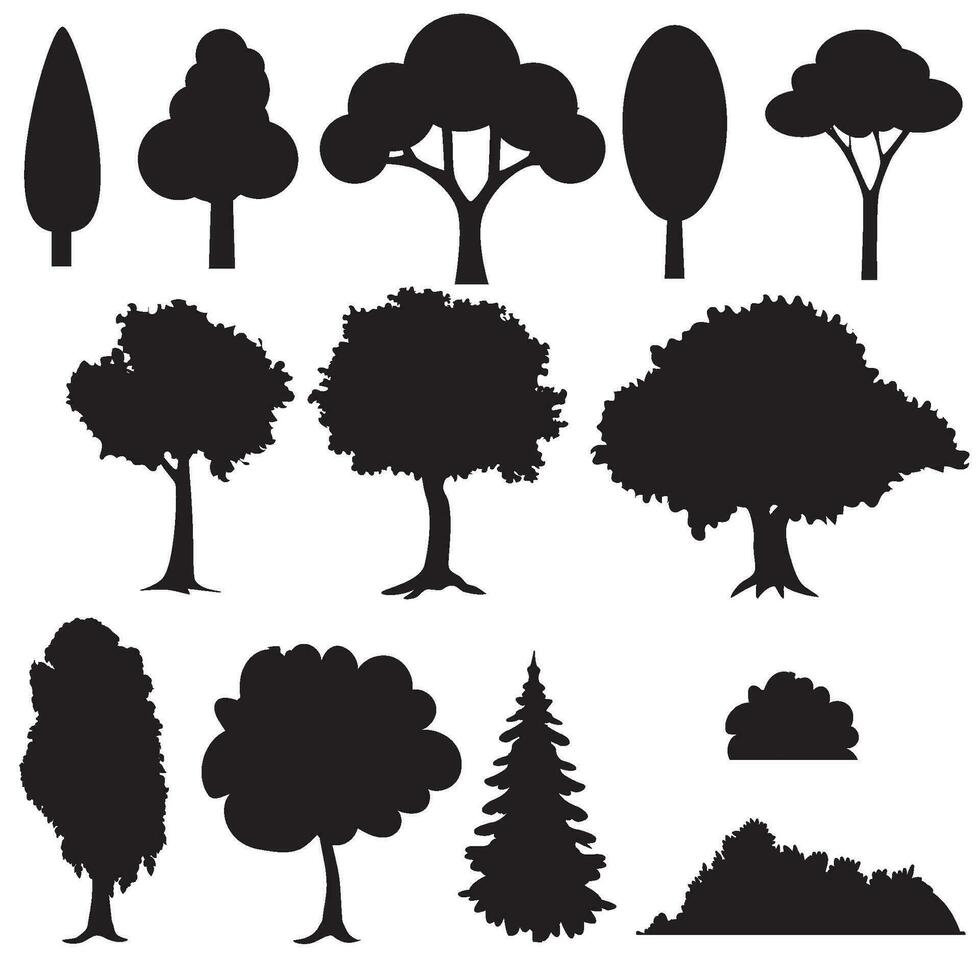 uppsättning av olika stiliserade träd i silhuett. vektor