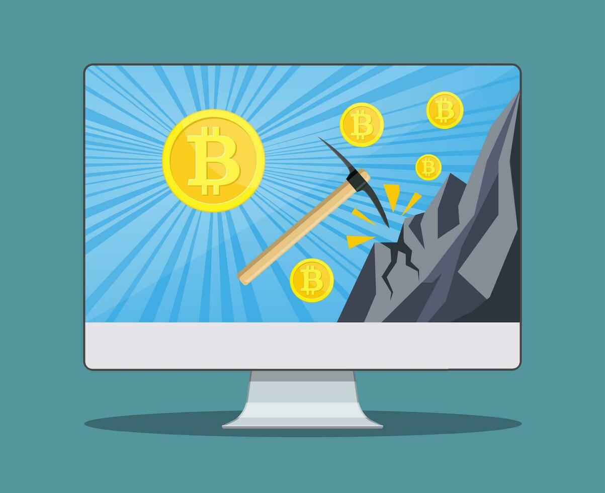 Bitcoin Bergbau Konzept mit Monitor, vektor