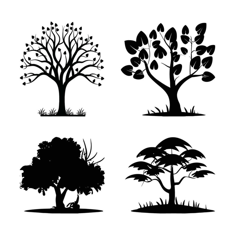 silhuett träd linje teckning uppsättning, sida se, uppsättning av grafik träd element översikt symbol för arkitektur och landskap design teckning. vektor illustration i stroke fylla i vit. tropisk