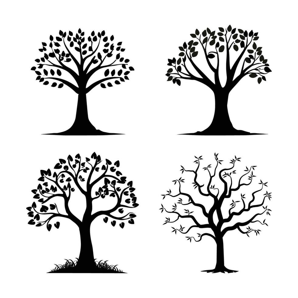 Silhouette Baum Linie Zeichnung Satz, Seite Sicht, einstellen von Grafik Bäume Elemente Gliederung Symbol zum die Architektur und Landschaft Design Zeichnung. Vektor Illustration im Schlaganfall füllen im Weiß. tropisch