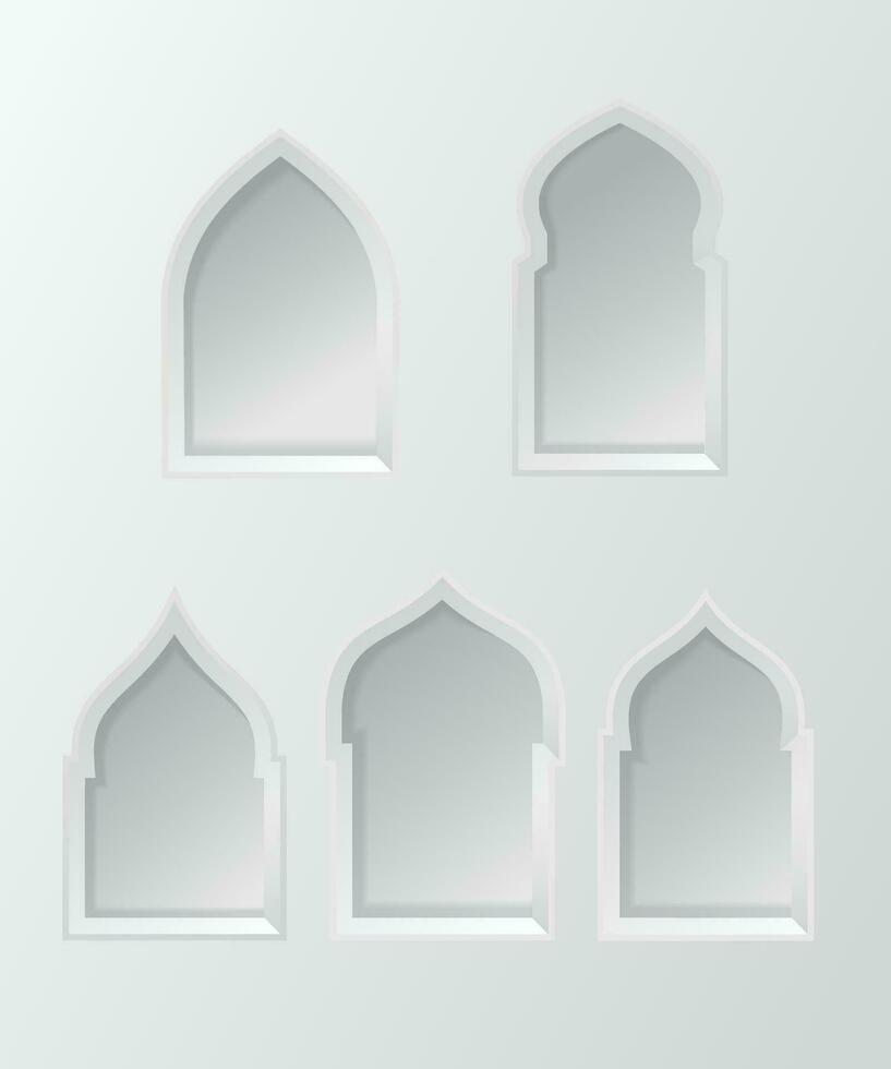 einstellen von Arabisch Stil Fenster. 3d Arabisch Bögen. architektonisch Design Elemente zum Muslim Feiertage. Vektor