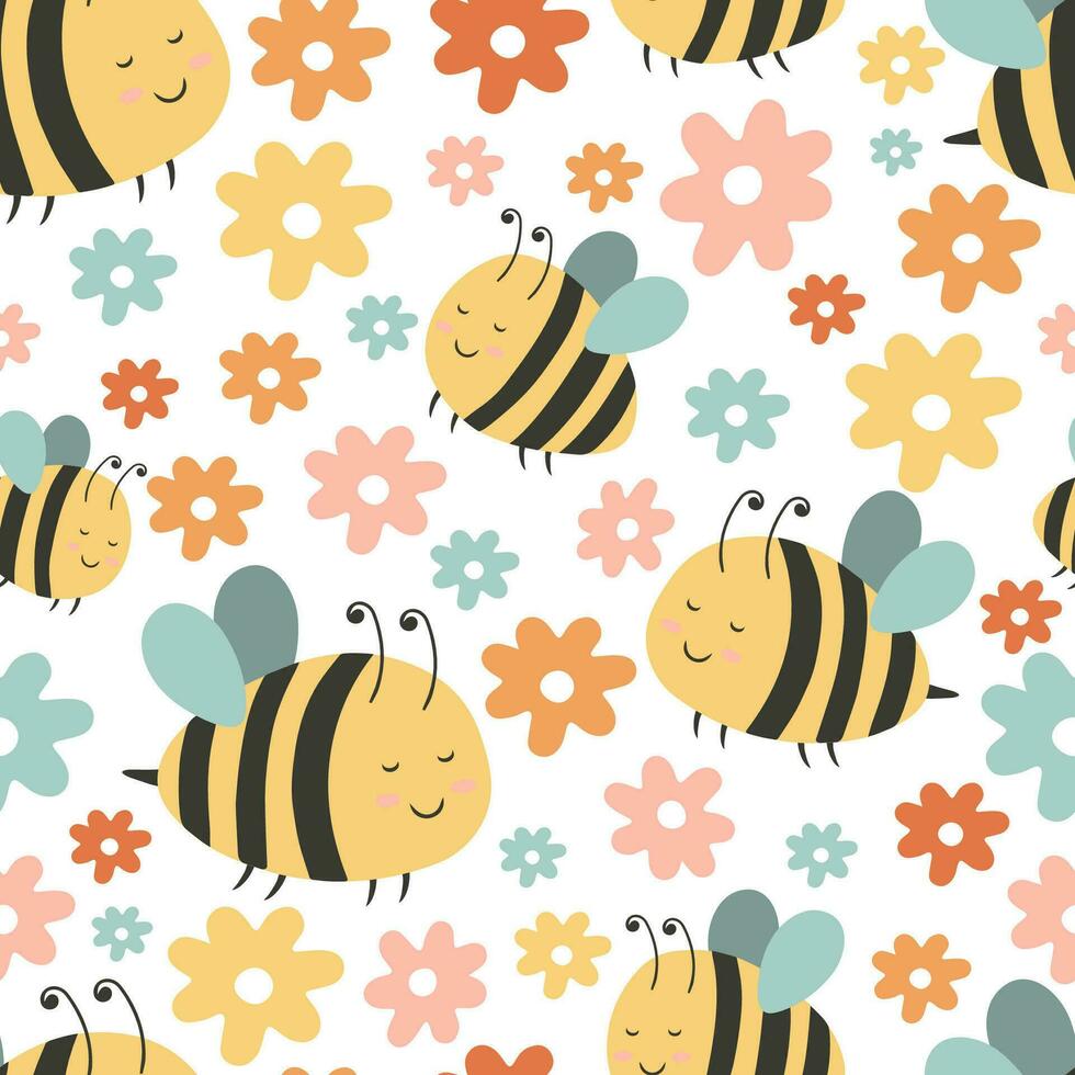 barnkammare sömlös mönster med bin och blommor. vektor