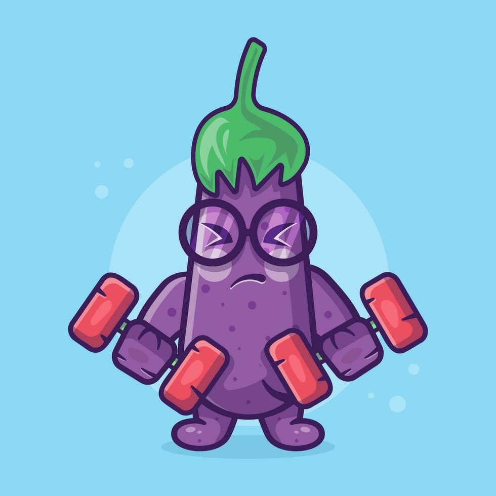 süß Aubergine Gemüse Charakter Maskottchen tun Bodybuilding mit Hantel isoliert Karikatur im eben Stil Design vektor