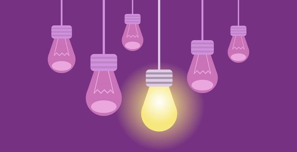 Innovation banner. Flera lampor på en lila bakgrund, varav den ena lyser resten av. Vektor platt illustration