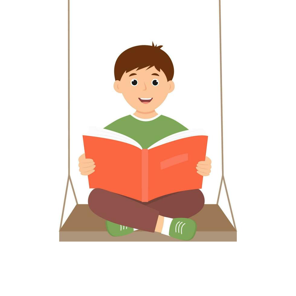 leende pojke läsning bok medan Sammanträde på gunga. barn läsare njuter litteratur. vektor illustration isolerat på vit bakgrund