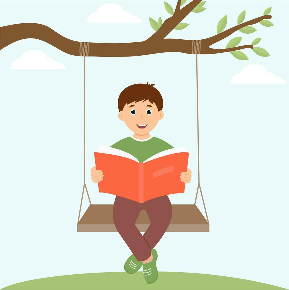 leende barn läsning bok medan Sammanträde på gunga. pojke läsare njuter litteratur. reserv tid, koppla av, hobby och sommar tid fritid. vektor illustration