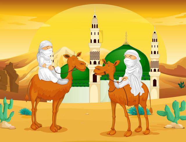 Muslimische Männer auf Kamelen in der Wüste vektor