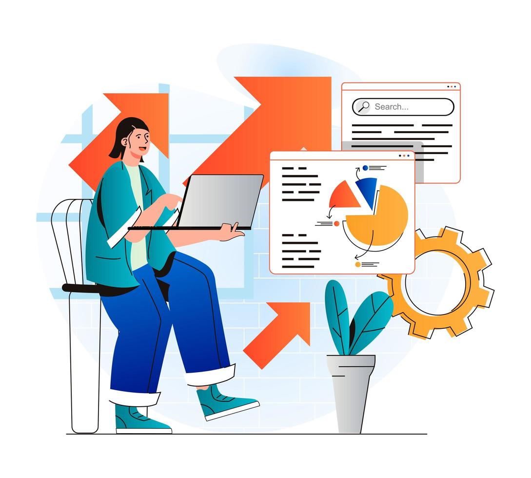 SEO-Analysekonzept im modernen flachen Design. Frau analysiert Suchergebnisse und arbeitet mit Dateninfografik. Vermarkter entwickelt eine Werbestrategie und erhöht das Ranking der Websites. Vektor-Illustration vektor