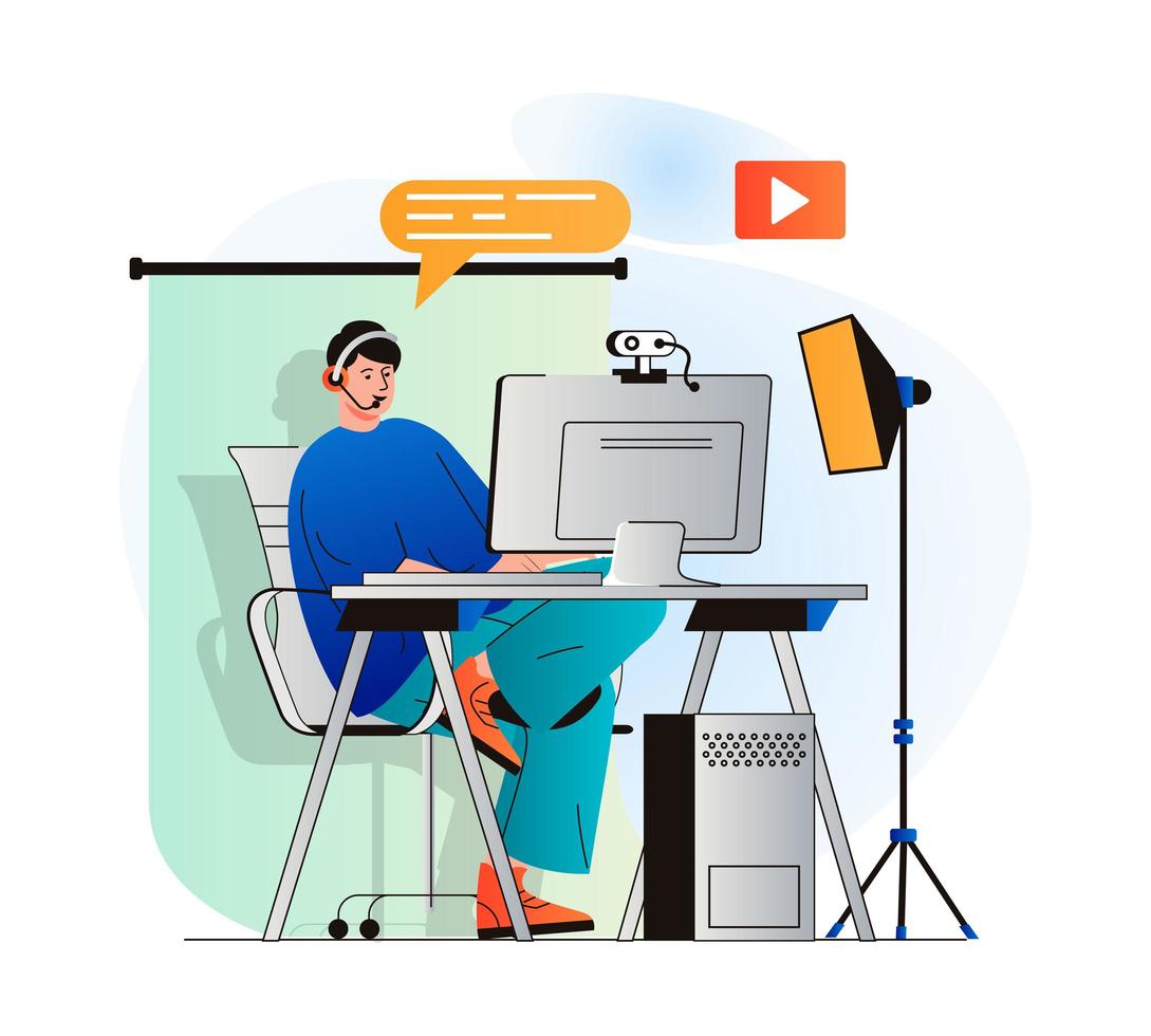 videobloggande koncept i modern platt design. blogger spelar in videoklipp i hemmastudio eller livesändning för följare på datorn. skapande av digitalt innehåll, kanalfrämjande. vektor illustration