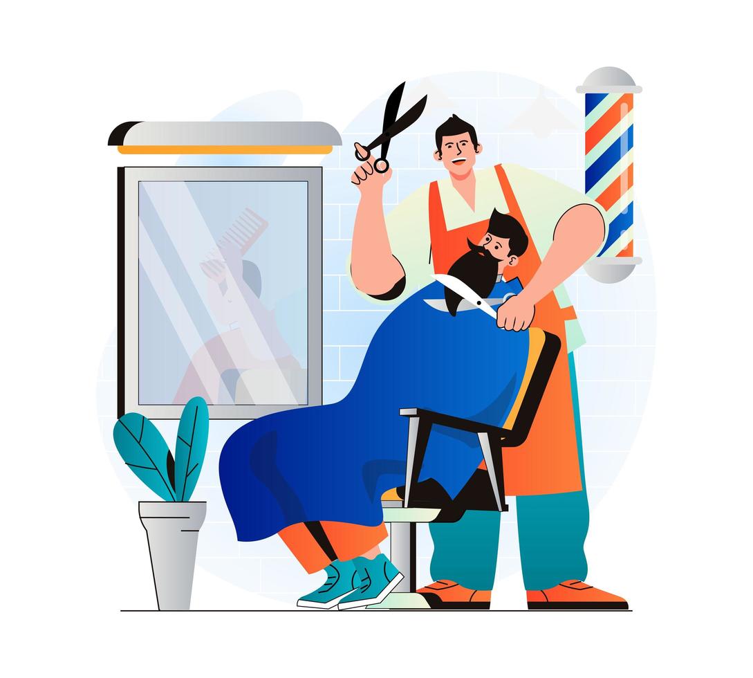 Friseurkonzept im modernen flachen Design. Friseur, der Kundenhaare schneidet und Bart im männlichen Salon rasiert. Mann sitzt am Stuhl. professionelle Haarpflege und modische Frisur. Vektor-Illustration vektor