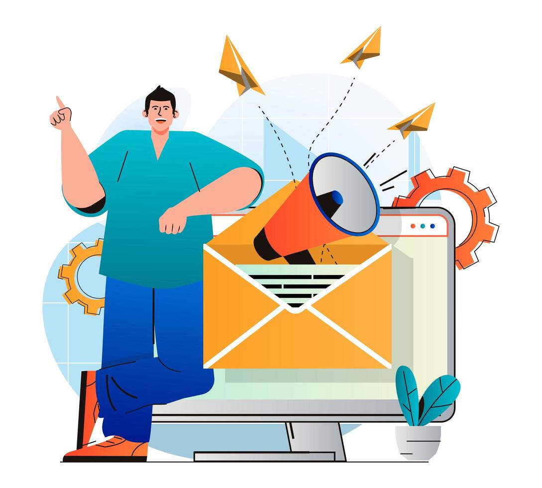 E-Mail-Marketing-Konzept im modernen flachen Design. Mann verschickt Verkaufsbriefe und Newsletter, um neue Kunden zu gewinnen. Online-Kommunikation, Geschäftsförderung und Werbekampagne. Vektor-Illustration vektor