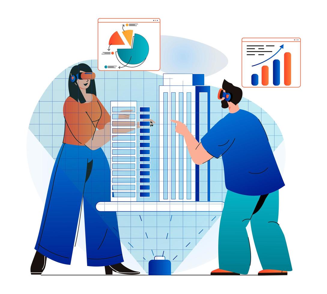 Cyberspace-Konzept im modernen flachen Design. Mann und Frau, die mit Geschäftsstatistikdiagrammen und Simulationsschnittstelle mit VR-Headset arbeiten. virtuelle erweiterte Realität. Vektor-Illustration vektor