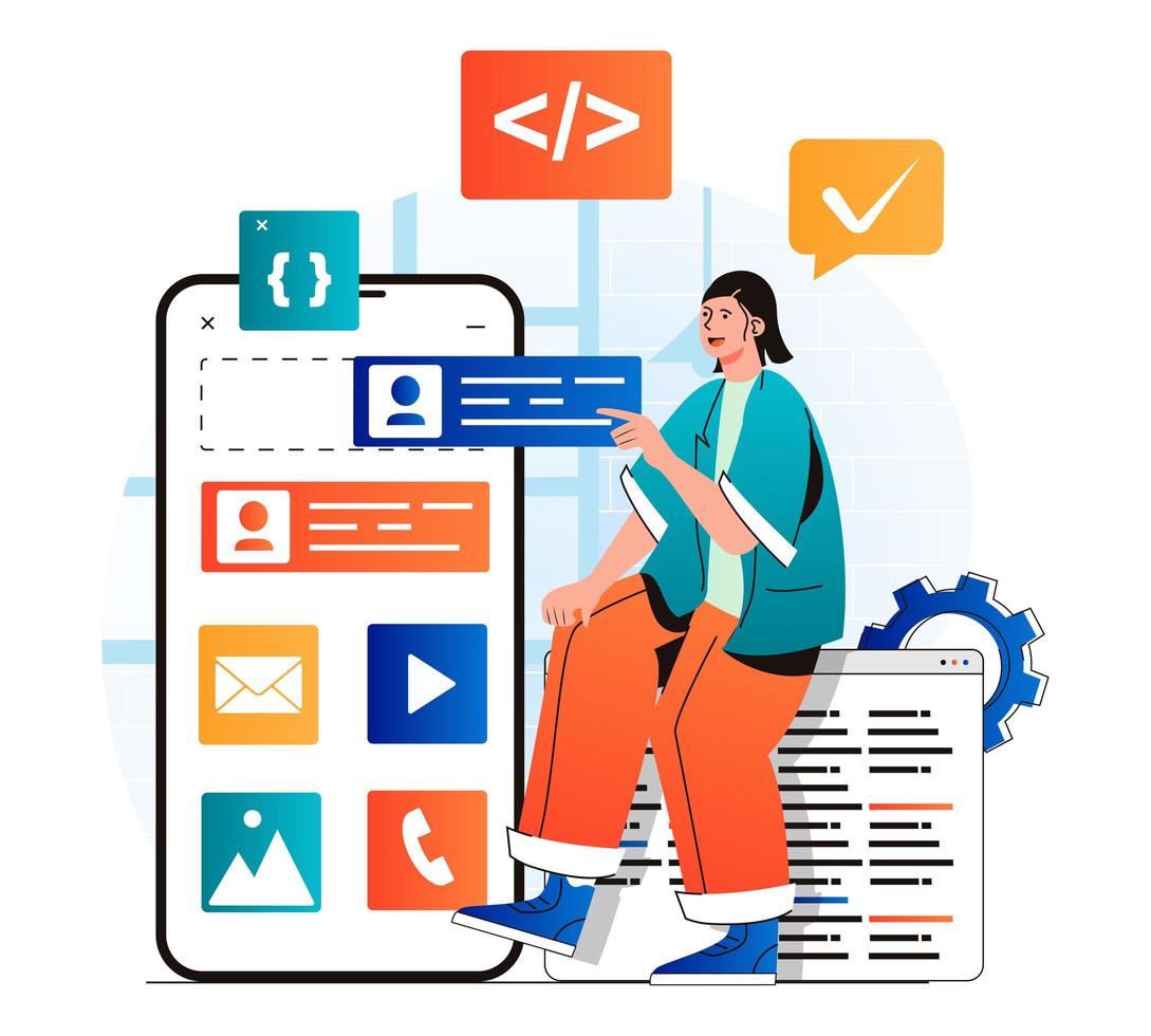app utvecklingskoncept i modern platt design. utvecklare placerar knappar på layouten för applikationens mobilskärm. programmerare som kodar kod, skapar ui -design, inställningsprogram. vektor illustration