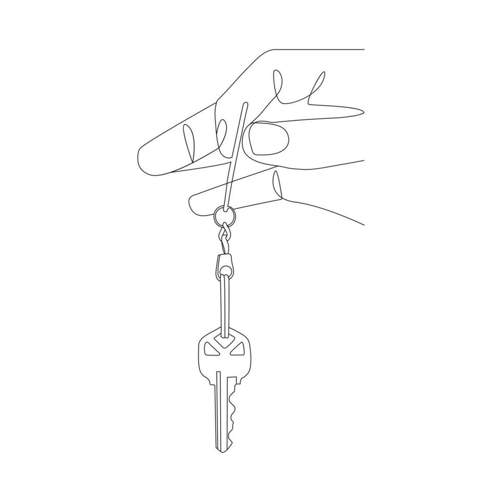 Hand hält das Schlüssel im kontinuierlich einer Linie Zeichnung. Haus Schlüssel einfach Linie Kunst Vektor Design
