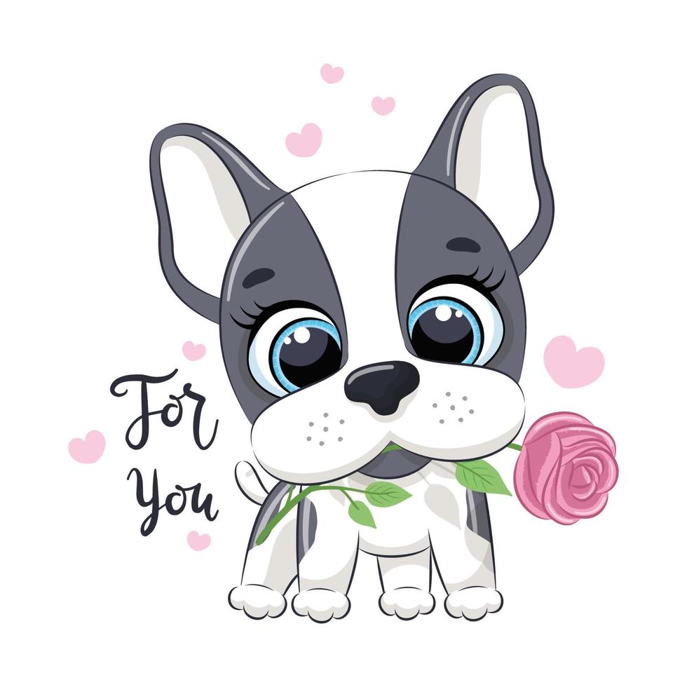 süßer kleiner Hund mit Blume. glücklicher valentinstag clipart. vektor