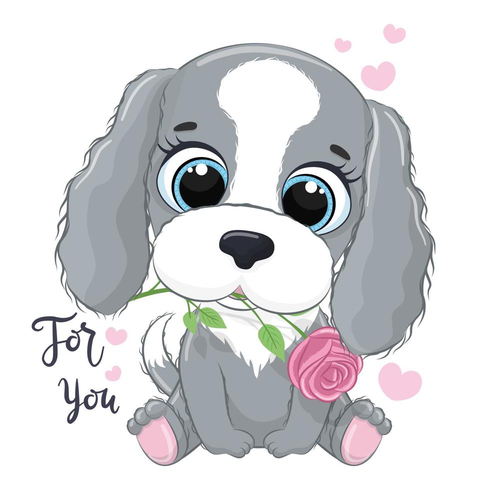 süßer kleiner Hund mit Blume. glücklicher valentinstag clipart. vektor