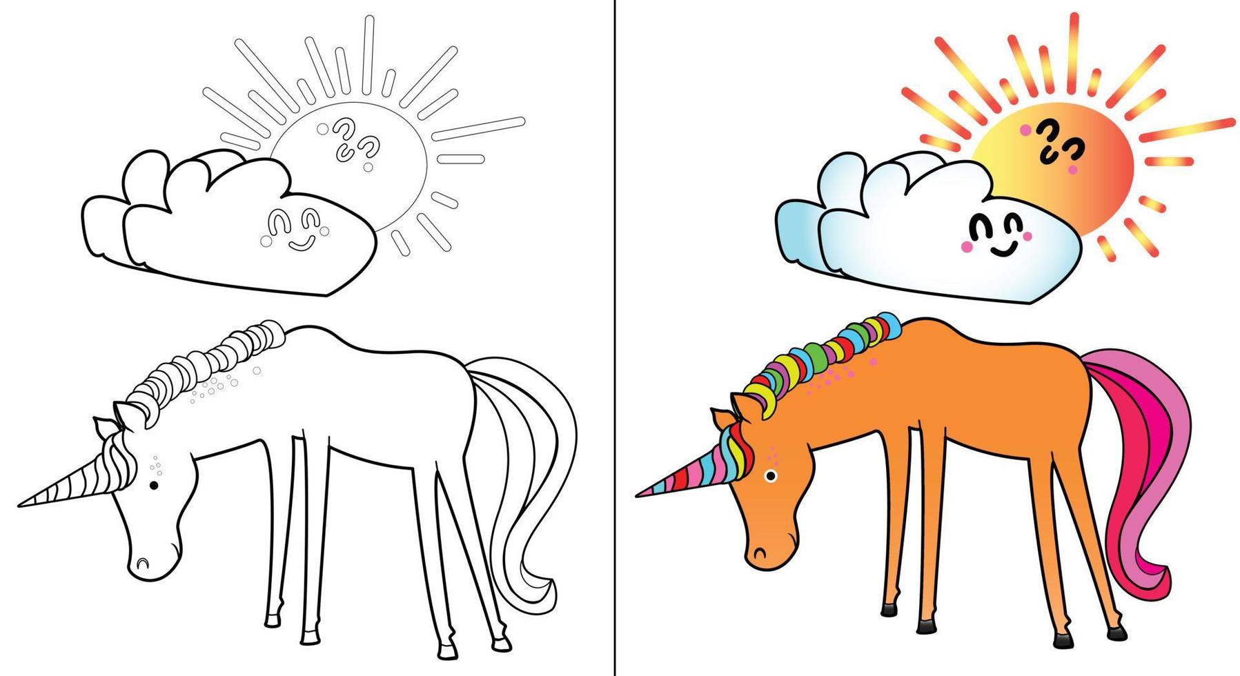Süßes Cartoon-Einhorn mit Sonne und Wolke zum Ausmalen. Kinder, Kinder Vektor Lager Thema