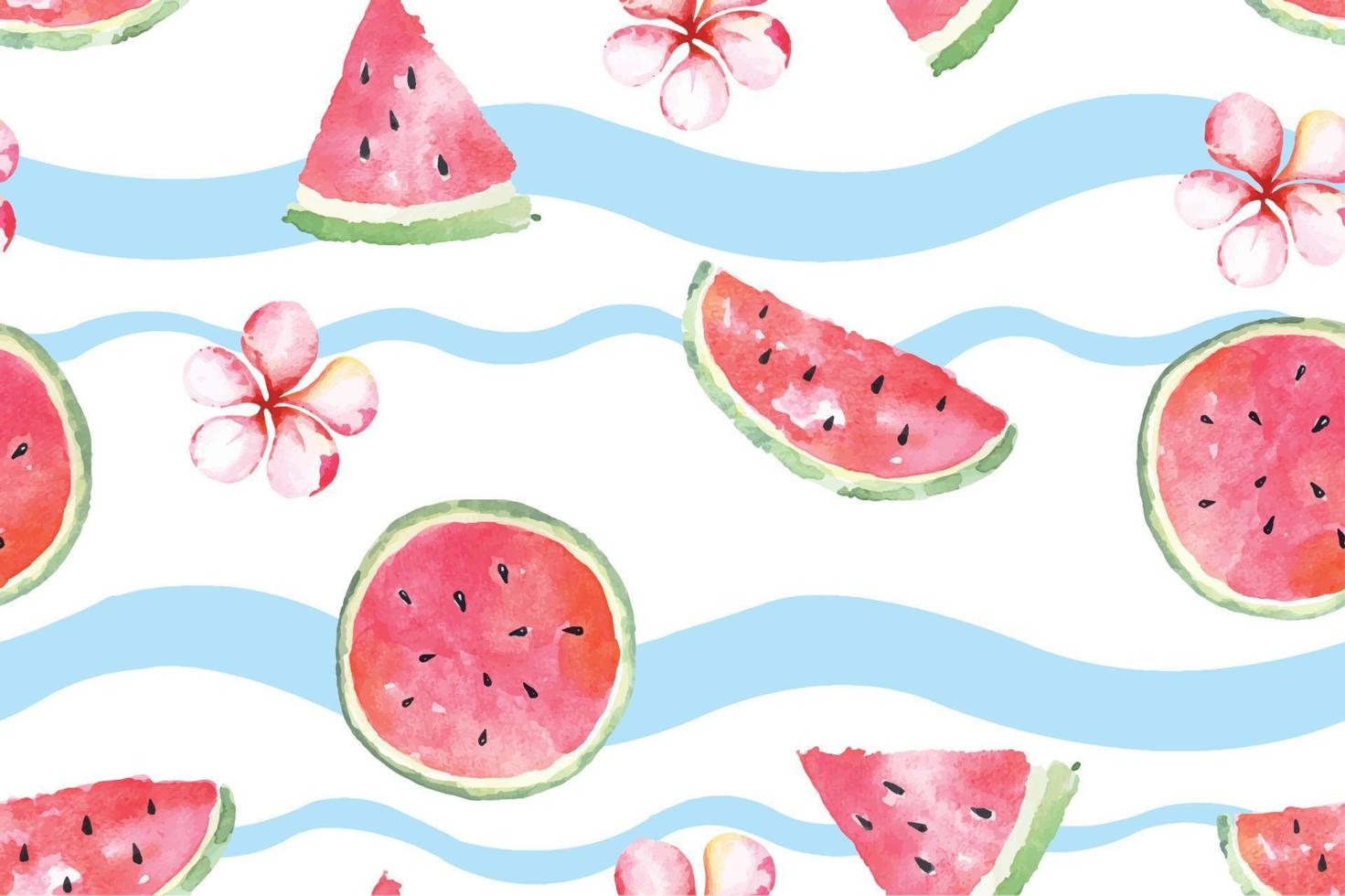 sömlösa mönster vattenmelon och plumeria med akvarell. sommar färgglada handritade tropiska fruktmönster. för tyg lyxigt och tapeter, vintage stil. vektor
