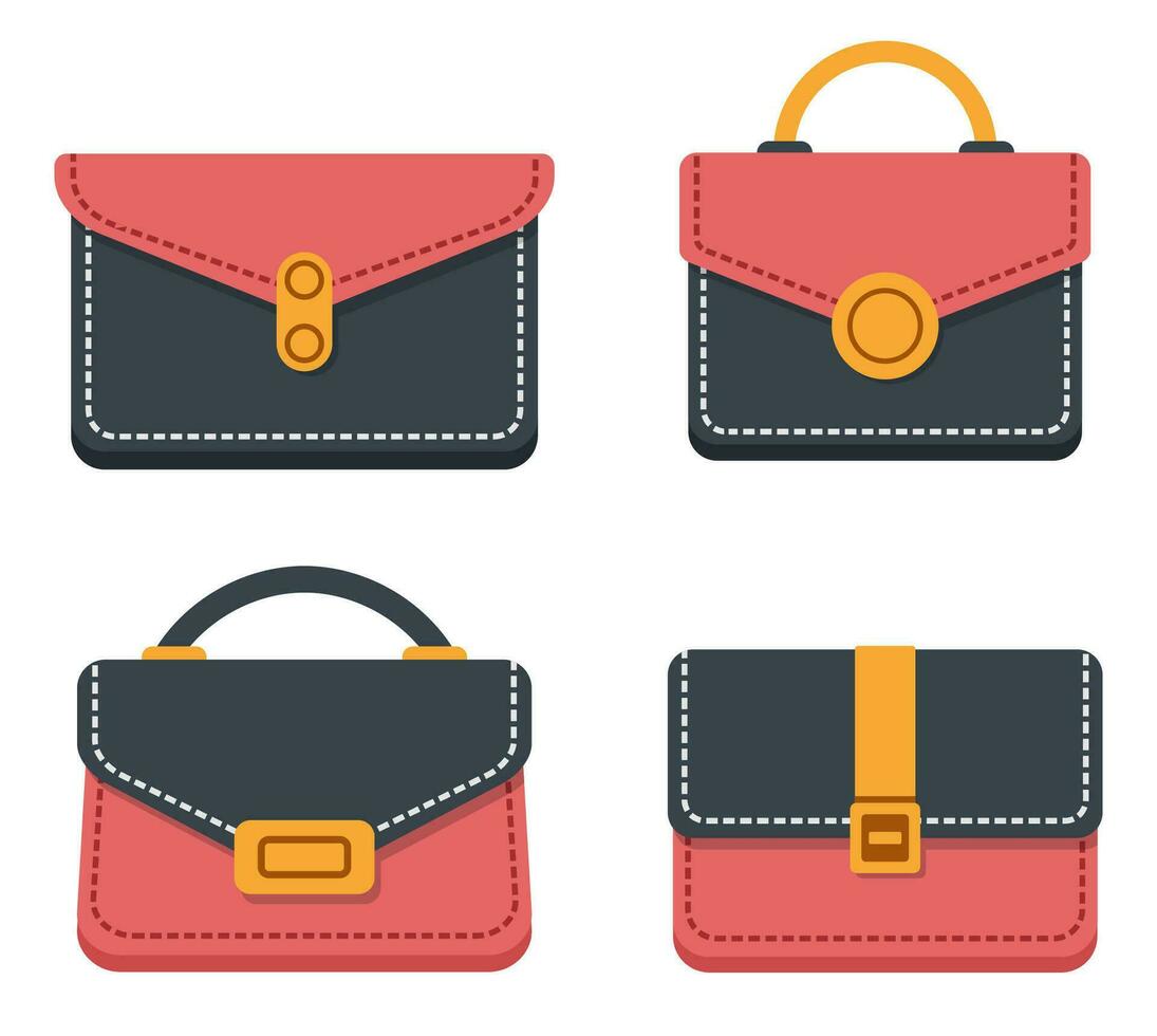 Frauen Taschen und Kupplungen Satz. feminin Handtasche oder Klappe Kupplung. modern modisch Zubehör, Textil- oder Leder Handtaschen, Mode Sammlung zum Mädchen, weiblich Taschen Symbol. Vektor Illustration.