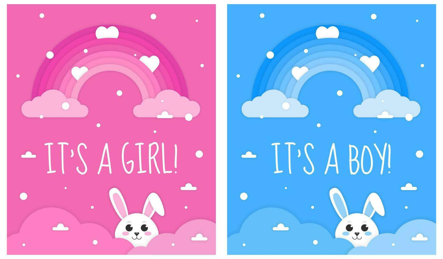 dess en flicka, dess en pojke kort. uppsättning av inbjudan kort för bebis ny född firande med tecknad serie kanin, moln och regnbåge. papper skära stil. rosa och blå bakgrund. vektor illustration