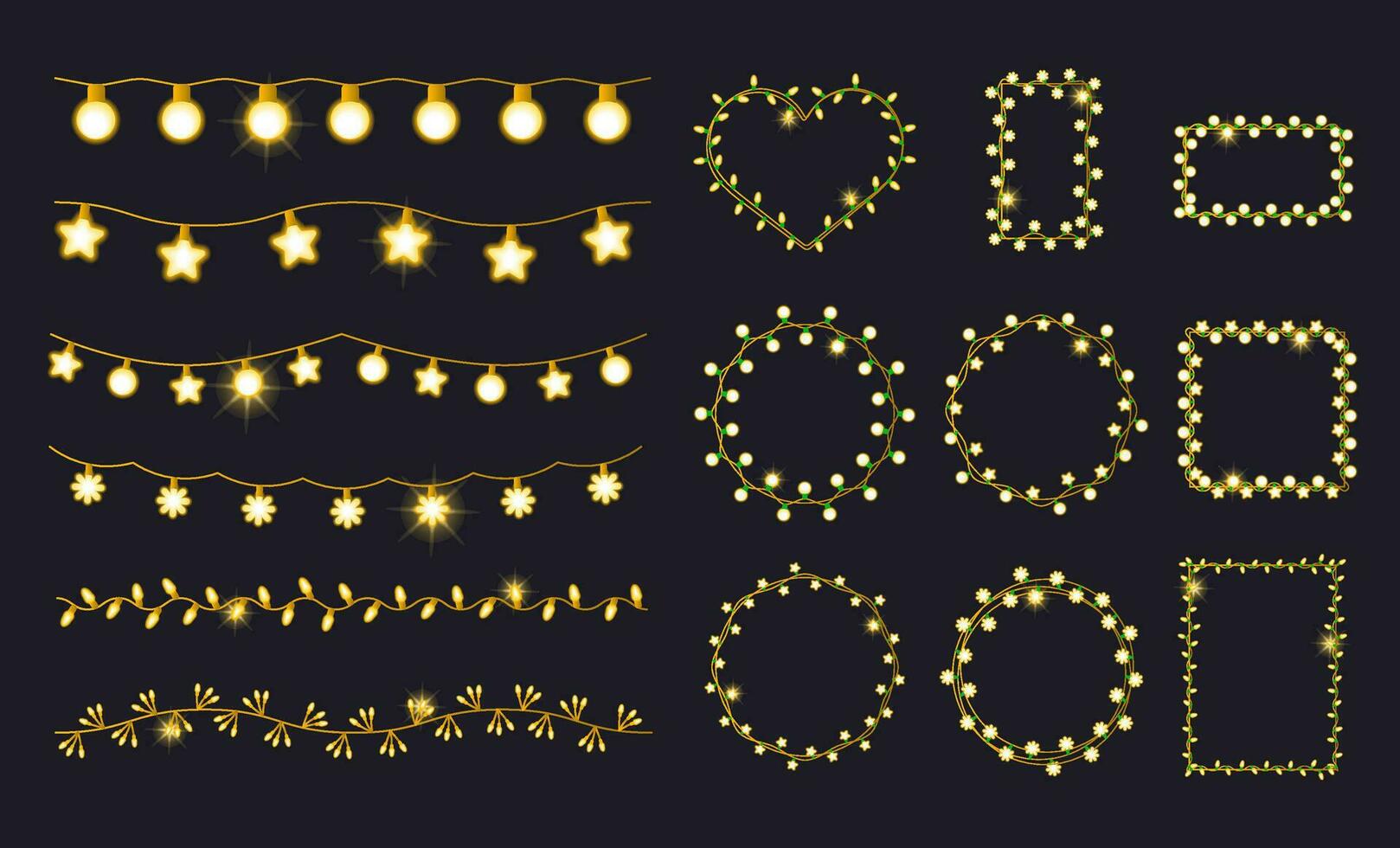uppsättning av gyllene klocka fe- lampor krans i de svart bakgrund isolerat. jul ramar vektor