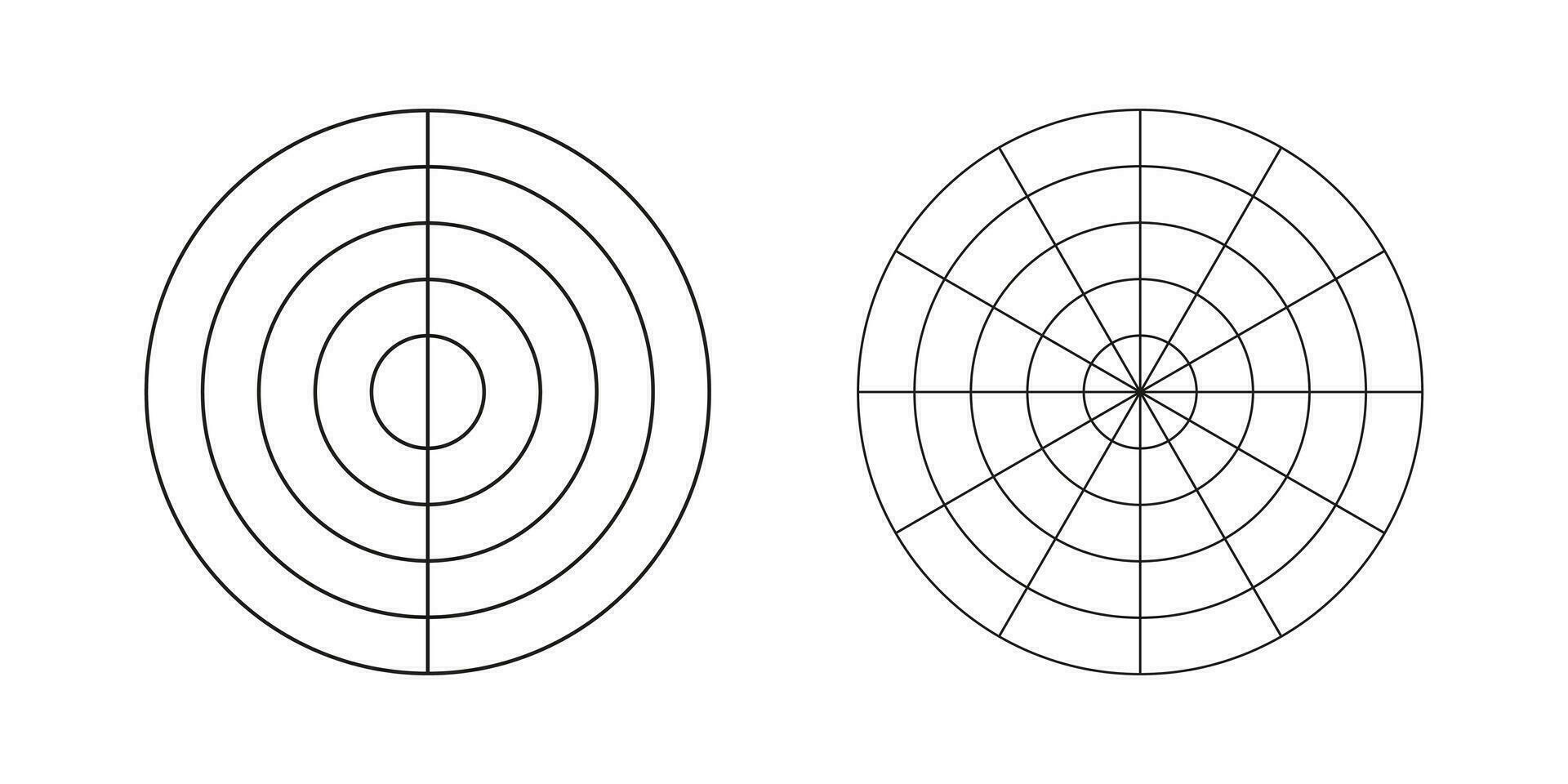 hjul av liv mall. uppsättning av enkel coaching verktyg för visualisera Allt områden av liv. polär nät av 2, 12 segment och 4 koncentrisk cirklar. ämnen polär Graf papper. diagram av liv stil balans. vektor