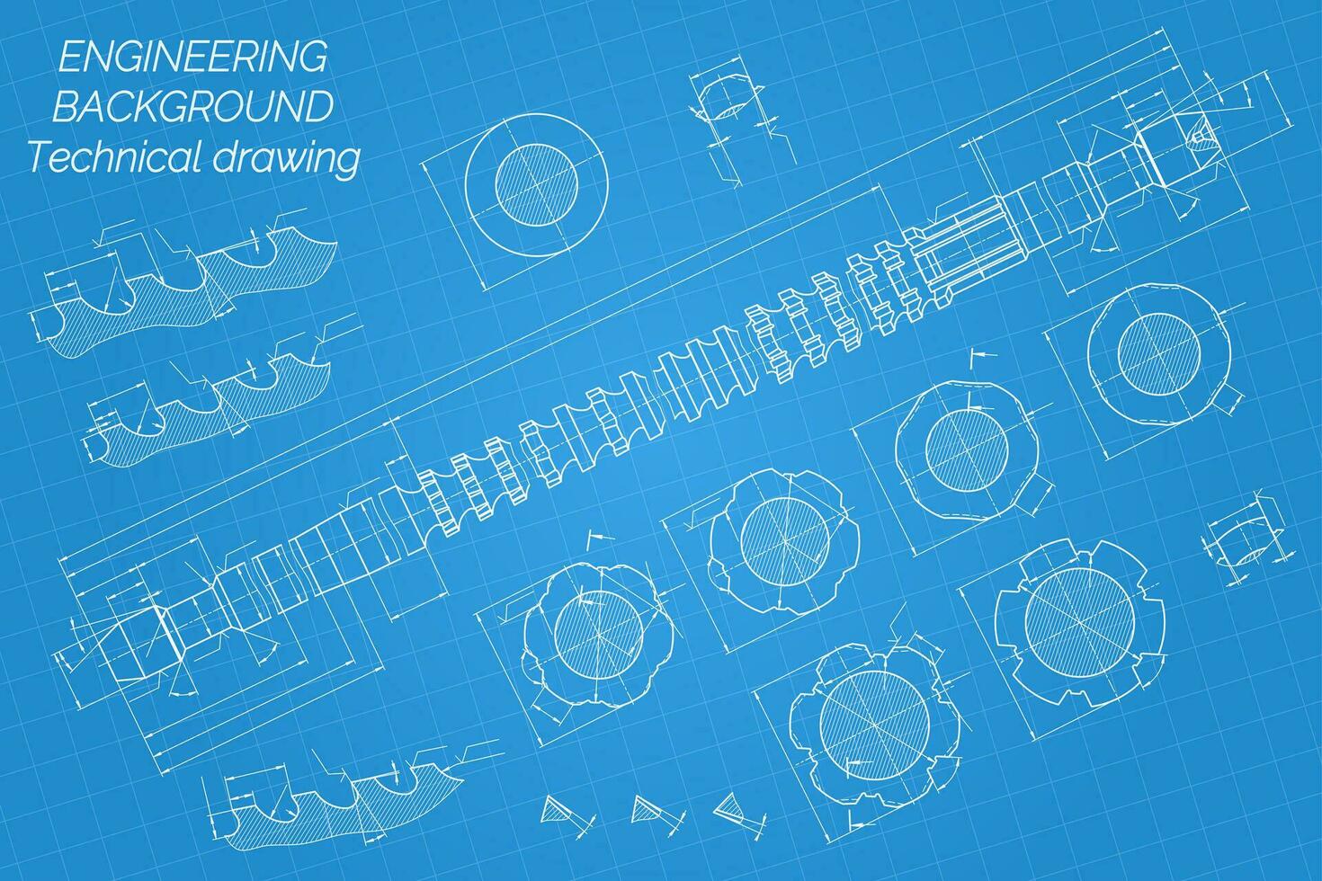 mechanisch Ingenieurwesen Zeichnungen auf Blau Hintergrund. bohren Werkzeug, Bohrer. langweilig Bar mit mikrometrisch Einstellung. ansprechen. technisch Design. Abdeckung. Entwurf. Vektor Illustration