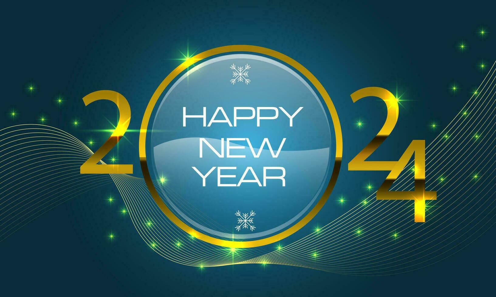 glücklich Neu Jahr 2024 Gold Nummer Ball glänzend Sterne auf Blau Design zum Urlaub Festival Feier Countdown Hintergrund Vektor