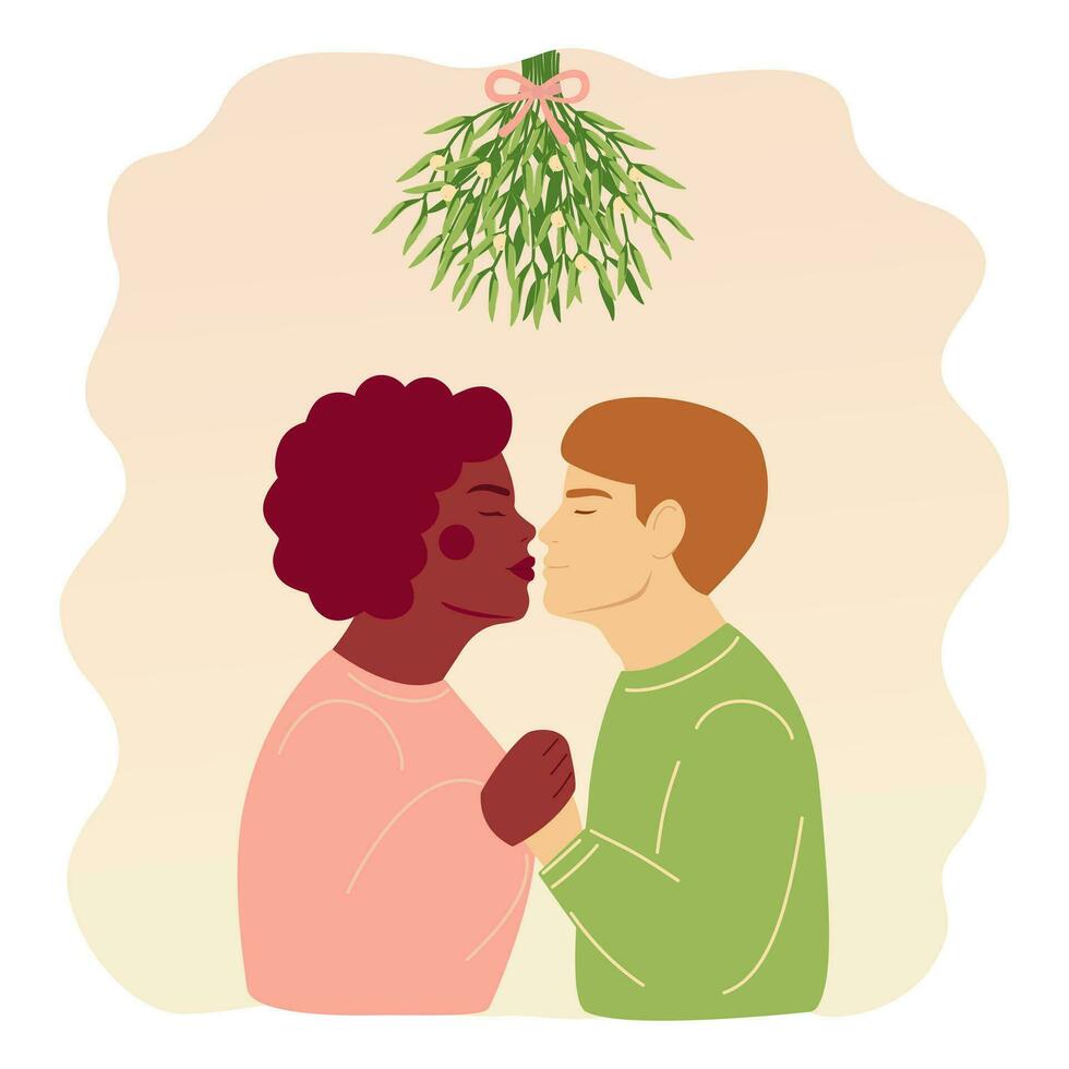 svart flicka och man par kissing under mistel jul tradition hälsning kort illustration vektor