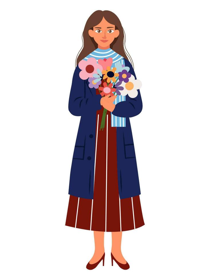 Charakter von ein süß Mädchen mit ein Strauß von Blumen. geeignet zum Gruß Karte, Aufkleber, Webseite Design, Banner. ein braunhaarig Mädchen im ein lange Rock und Mantel mit ein Strauß. vektor