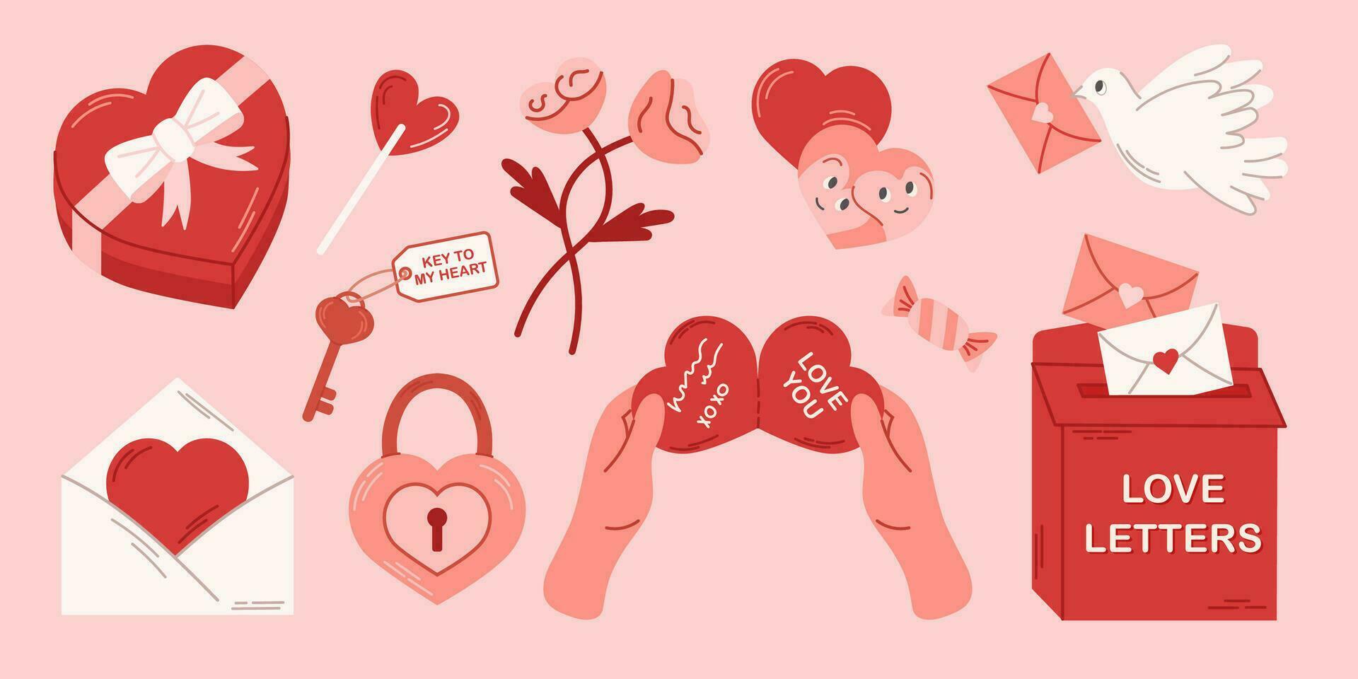 einstellen von Rosa Elemente zum Valentinsgrüße Tag. Schnitt Vektor Abbildung zum Aufkleber, Gruß Karten.